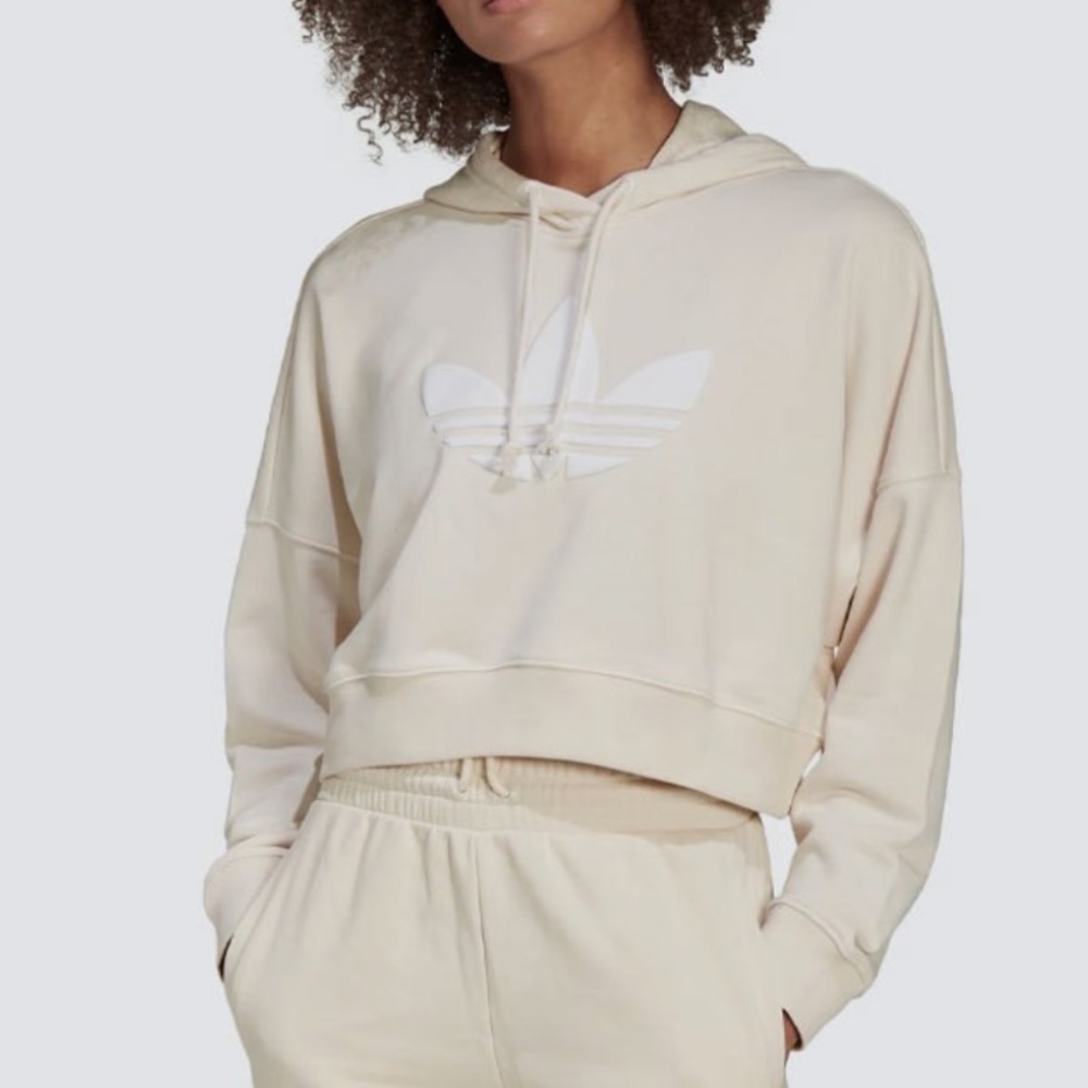 Adidas Women’s Classic Cropped Oversized Cream Hoodie Pull Over Size Large